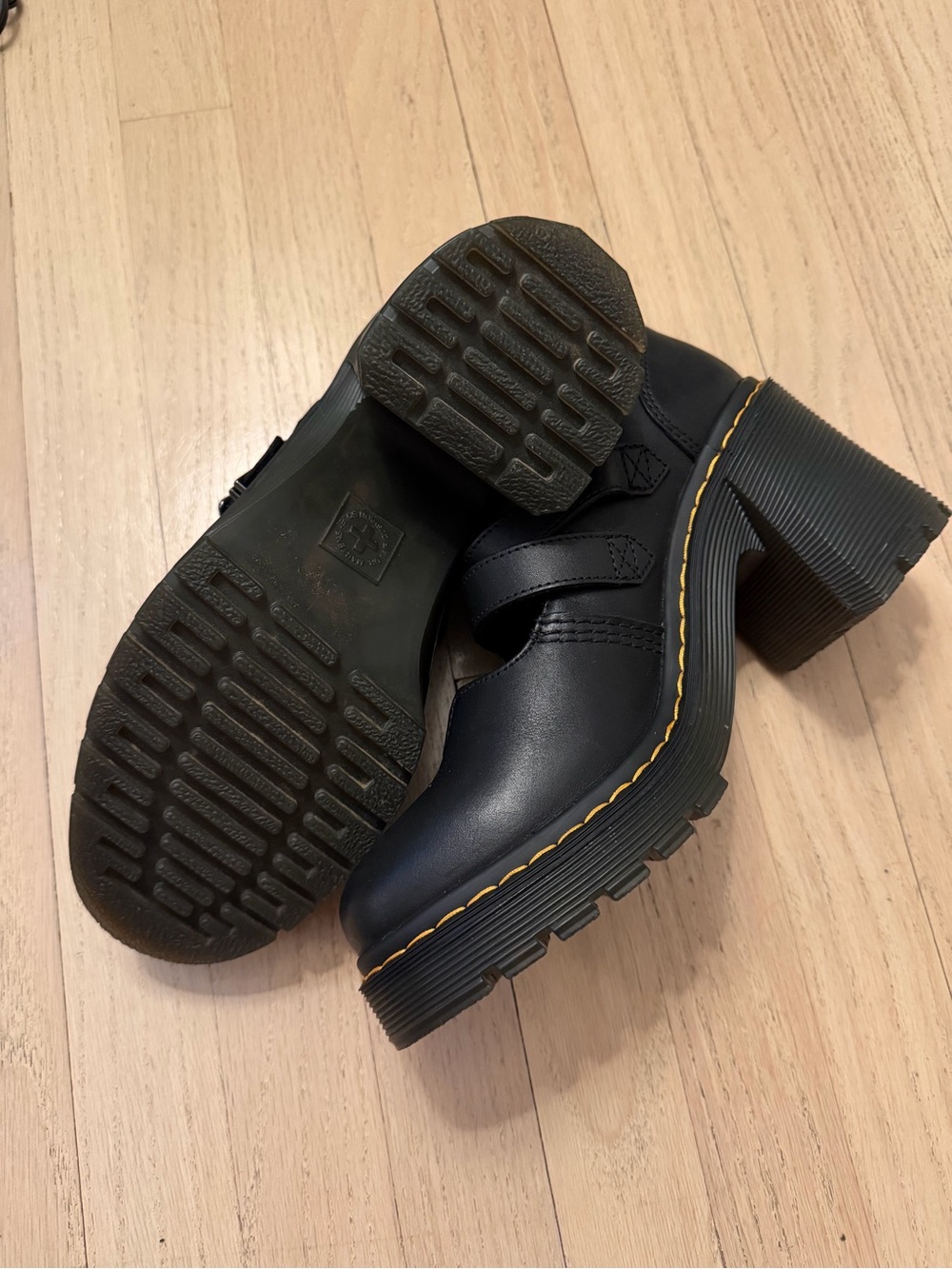 Dr. Martens Black Leather Platform Mary Jane Heels with Yellow Stitching - Picture 6 of 7
